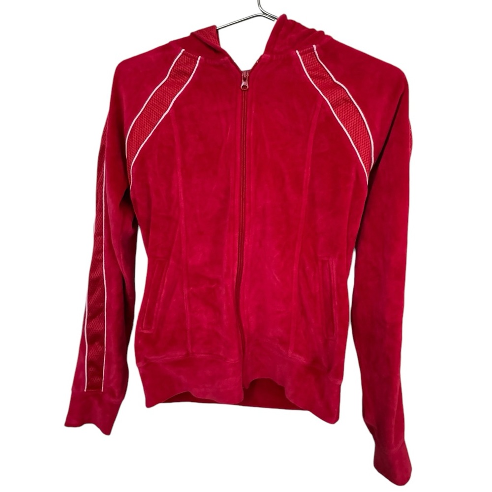 Red Hooded Zip-Up Velour Retro Women’s S Hoodie Dance Sweatshirt Humility